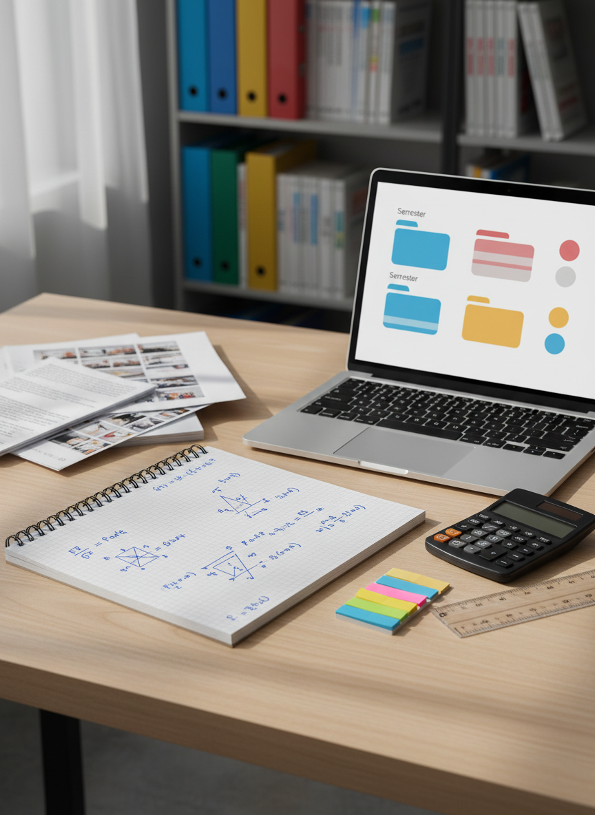 A clean, modern physics study desk viewed from a slightly elevated angle, featuring an open notebook filled with neatly sketched free-body diagrams and equations beside a slim laptop showing an abstract, text-free interface of folders organized by semester and institution. Around it lie a scientific calculator, a transparent ruler, colorful sticky tabs, and a neat stack of printed exercise sheets and slide thumbnails. Soft daylight from an unseen window washes over a light wood surface, creating gentle, realistic shadows. The background is softly blurred shelves with physics textbooks and binders labeled only with simple colored stripes. Photographic realism, calm and professional mood, balanced composition using the rule of thirds, sharp focus on the materials to suggest organized, accessible learning resources.