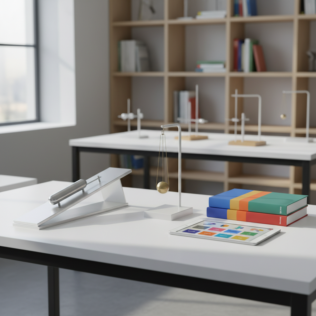 An organized physics workstation in a bright, minimalist lab environment, photographed at eye level, featuring a sturdy white table with a few classic demonstration setups: a polished metal inclined plane with a small glider, a simple pendulum, and a pair of stacked textbooks labeled only by colored bands. Beside them lies a thin tablet displaying abstract slide thumbnails and folders visually grouped by different semesters, without any readable text. Diffused daylight from large, unseen windows creates soft reflections on the metal surfaces and subtle shadows on the table. The mood is focused and professional, with a clean, uncluttered background of out-of-focus shelving, evoking accessible materials for high school and university physics students.