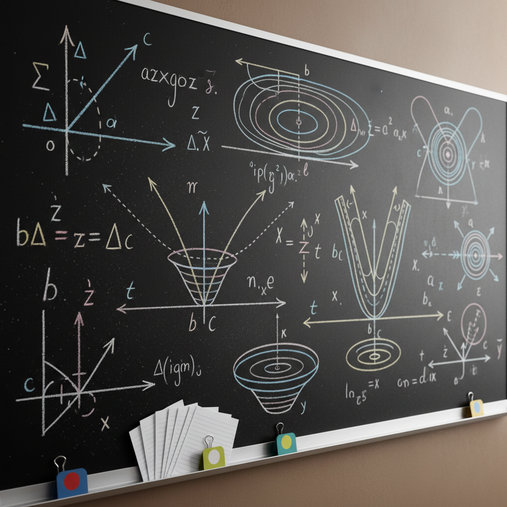 A close-up, photographic view of a large, matte-black chalkboard filled with carefully arranged physics diagrams and symbols, such as vectors, parabolic trajectories, and field lines, drawn in crisp white and pastel chalk, but with no legible text or formulas. At the bottom edge, a stack of printed slides and exercise sheets fan out neatly on a simple metal ledge, held by colored binder clips labeled only with colored dots. Side lighting from the left creates fine chalk dust highlights and soft shadows that add depth and realism. The atmosphere is rigorous yet inviting, with a centered, slightly low-angle composition that emphasizes the board’s scale, suitable as a universal header image for a professional physics education site.